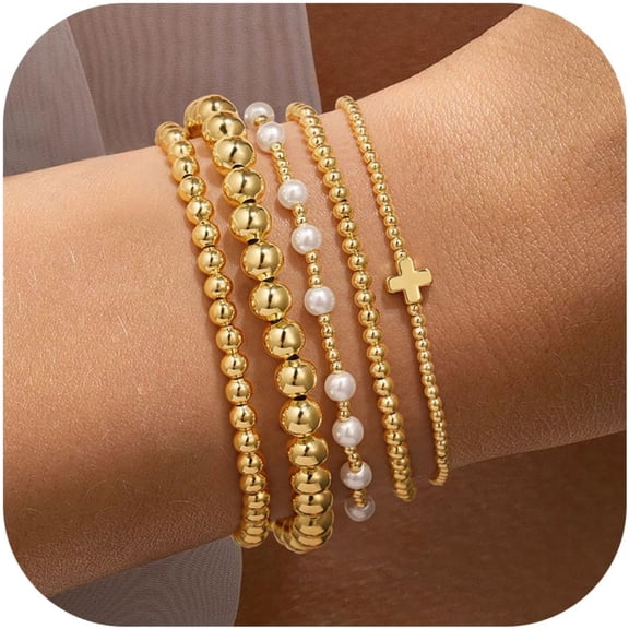 Turandoss 5 Pcs Beaded Bracelets Set for Women Girls 14K-Gold-Plated Dainty Tiny Round Boho Stretch Cross Pearl Bracelet for Women Teen Girl Gifts Stacked Bracelet Jewelry Birthday Bridesmaid Gifts