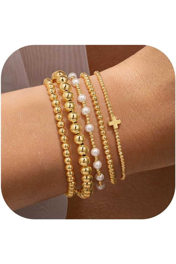 5 Pcs Beaded Bracelets Set for Women Girls 14K-Gold-Plated Dainty Tiny Round Boho Stretch Cross Pearl Bracelet for Women Teen Girl Gifts Stacked Bracelet Jewelry Birthday Bridesmaid Gifts
