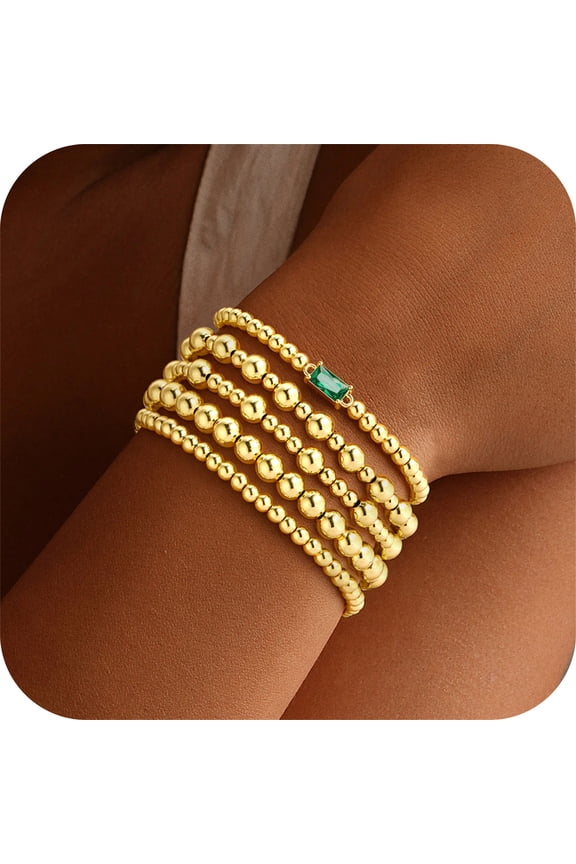 5PCS Birthstone Bracelets for Women, Dainty Layered Emerald 14K Gold Plated Beaded Birthstone Bracelets Set Trendy Waterproof Stackable Jewelry Birthday Valentines Gifts for Women Girls