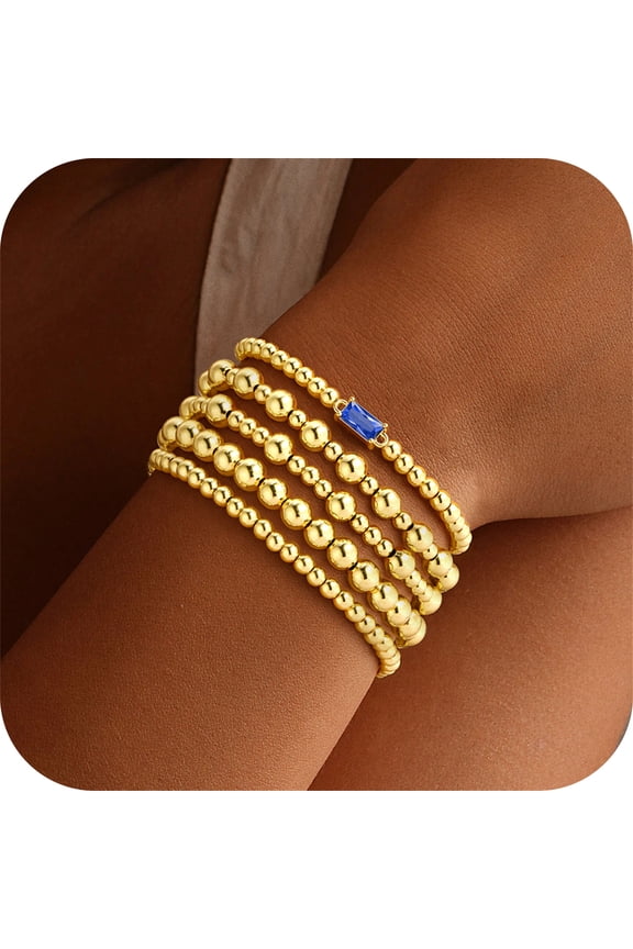 5PCS Birthstone Bracelets for Women, Dainty Layered Emerald 14K Gold Plated Beaded Birthstone Bracelets Set Trendy Waterproof Stackable Jewelry Birthday Valentines Gifts for Women Girls