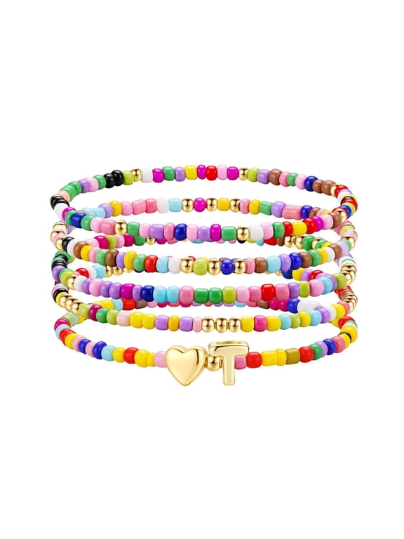 5Pcs Colorful Beaded Bracelets for Girls Women Cute Bohemian Beaded Bracelets Stretch Stackable Summer Heart Initial T Bracelet Jewelry Birthday Gifts for Daughter Granddaughter Niece