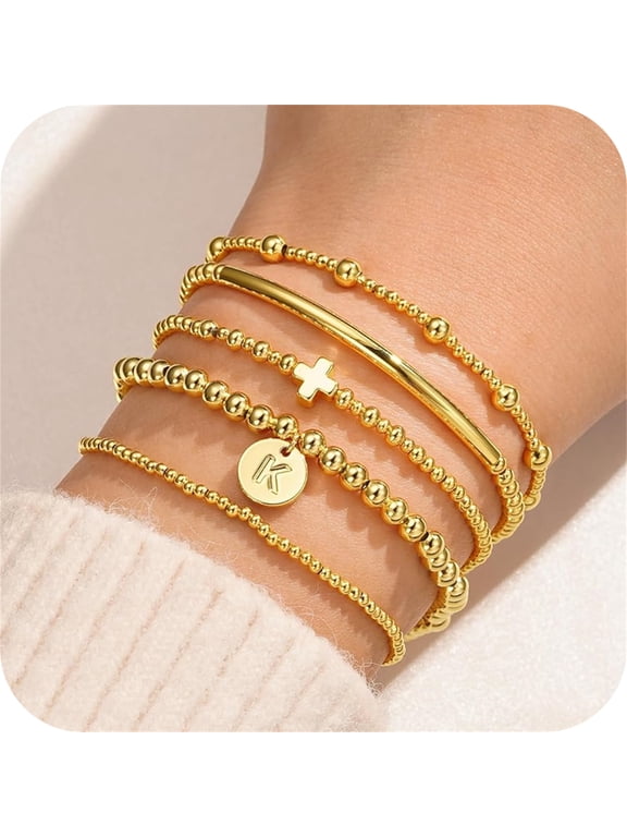 5Pcs Gold Plated Beaded Bracelet for Women Dainty Cross Bracelet for Women Layered Charm Stack Initial Bracelet Set 18K-Gold-Plated Cuff Cross Bead Bracelet Letter K Bracelet Jewelry Gift