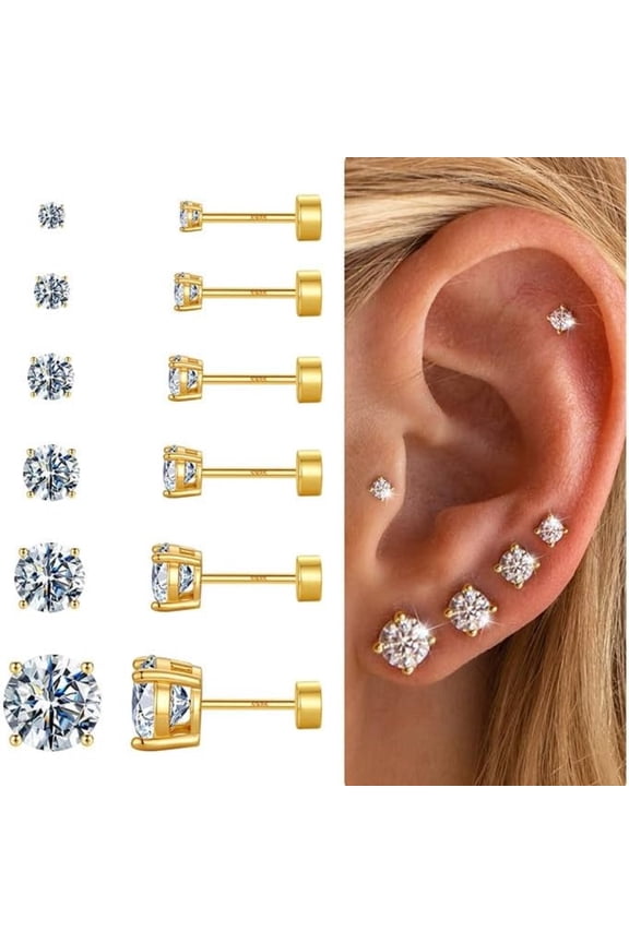 6 Pairs Cubic Zircon Stud Earrings for Women 925 Sterling Silver Post 14K Gold Plated Tiny Flatback Sensitive Piercings Jewelry Set for Women Teen Girls Easter Birthday Gifts
