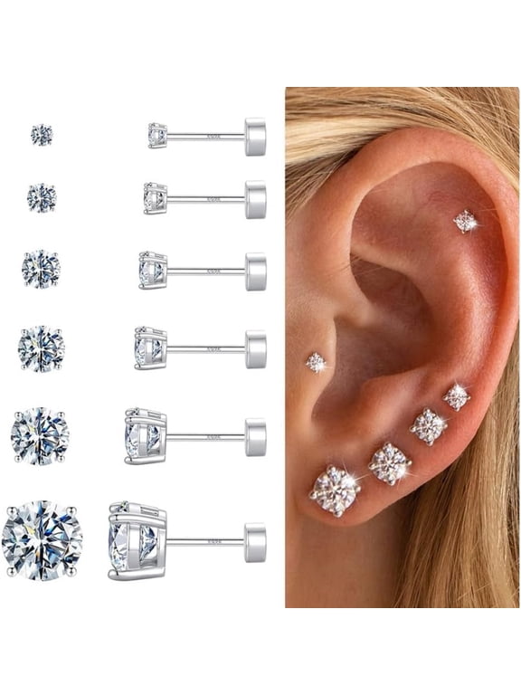 6 Pairs Cubic Zircon Stud Earrings for Women 925 Sterling Silver Post Diamond Tiny Flatback Sensitive Piercings Jewelry Set for Women Girls Trendy