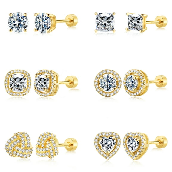 Turandoss 6 Pairs Flatback Earrings Set for Women 14K Gold Plated Hypoallergenic Cubic Zirconia Studs Multi-Style Sensitive Jewelry Gifts for Women Girls
