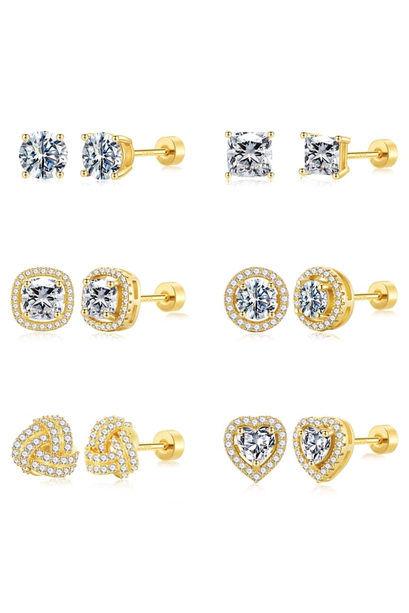 6 Pairs Flatback Earrings Set for Women 14K Gold Plated Hypoallergenic Cubic Zirconia Studs Multi-Style Sensitive Jewelry Gifts for Women Girls