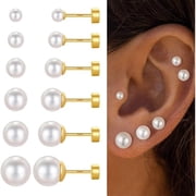 6 Pairs Pearl Stud Earrings Set for Women 925 Sterling Silver Post Hypoallergenic 14K Gold Plated Tiny Flatback Piercing