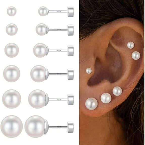 Turandoss 6 Pairs Pearl Stud Earrings Set for Women 925 Sterling Silver Post Hypoallergenic Tiny Flatback Piercings Jewelry Set for for Women Teen Girls Her