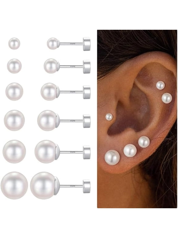 6 Pairs Pearl Stud Earrings Set for Women 925 Sterling Silver Post Tiny Flatback Piercings Jewelry Teacher Appreciation Mothers Day Graduation Gifts for Her Mom Kids Teen Girls Wife Ideas