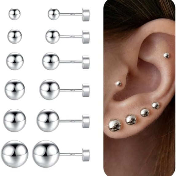 Turandoss 6 Pairs Stud Earrings Set for Women 925 Sterling Silver Post Hypoallergenic 14K Gold Plated Ball Tiny Cz Flatback Piercings Jewelry Set for Women Trendy