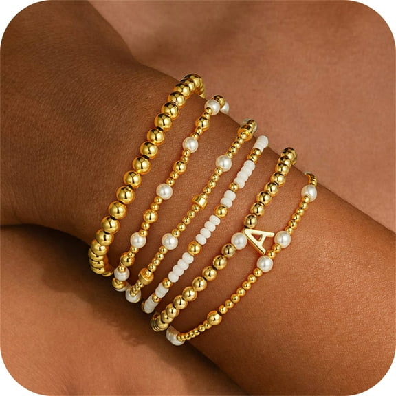 Turandoss 6 Pcs Layered Beaded Boho Handmade Pearl Initial Bracelet for Women Girls Gifts Dainty Bracelets for Women A-Z Letter Jewelry Set Bridesmaid Wedding Valentines Day Birthday Gift