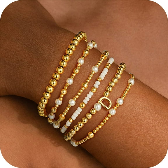 Turandoss 6 Pcs Stacked Beaded Boho Handmade Pearl Initial Bracelet for Women Girls Gifts Dainty Bracelets for Women A-Z Letter Bracelet Strand Stretch Jewelry Set Birthday Bridesmaid Wedding Gifts