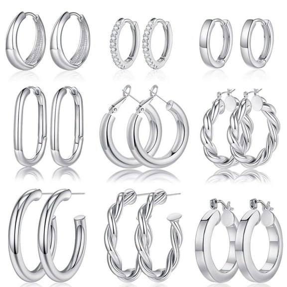 Turandoss 9 Pairs 14K White Gold Plated Chunky Twisted Huggie Hoop Earrings Set for Women Hypoallergenic Tarnish Free Jewelry Trend Birthday Gifts for Women