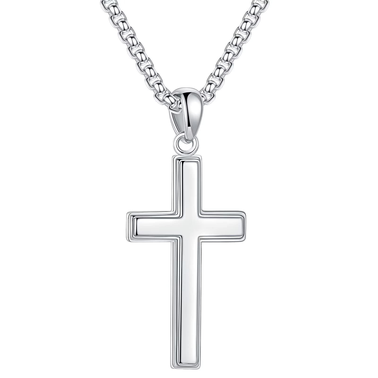 Turandoss 925 Sterling Silver Cross Pendant Necklace for Men 18K Silver Plated Box Chain Unisex Jewelry Birthday Teacher Appreciation Graduation Fathers Day Gifts for Him Her Men Son Dad Boys Girls