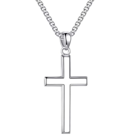 Turandoss 925 Sterling Silver Cross Pendant Necklace for Men 18K Silver Plated Box Chain Unisex Jewelry Birthday Teacher Appreciation Graduation Fathers Day Gifts for Him Her Men Son Dad Boys Girls