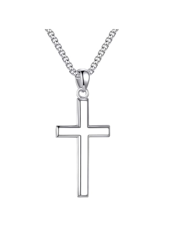 925 Sterling Silver Cross Pendant Necklace for Men 18K Silver Plated Box Chain Unisex Jewelry Birthday Teacher Appreciation Graduation Fathers Day Gifts for Him Her Men Son Dad Boys Girls