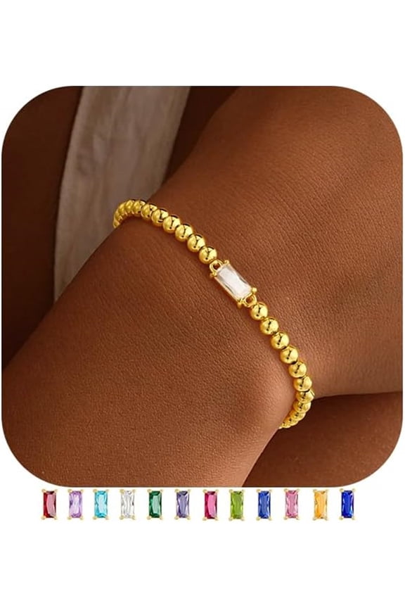 April Birthstone Bracelet for Women Dainty Cz Clear Birthstone 14K-Gold-Plated Elastic Bead Bracelets Trendy Friendship Jewelry Gifts for Women Girls
