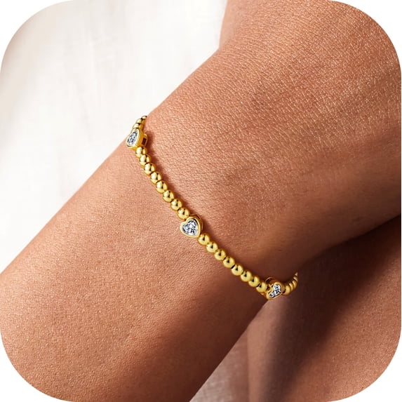 Turandoss April Birthstone Clear CZ Heart Birthstone Bracelets Dainty 14K Gold Plated Stretch Beaded Trendy Jewelry Bracelet Birthday Gift for Women Girls