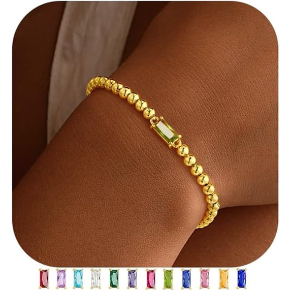 Turandoss August Birthstone Bracelet for Women Dainty Green 14K-Gold-Plated Birthstone Elastic Bead Bracelets Trendy Friendship Jewelry Gifts for Women Her Girls
