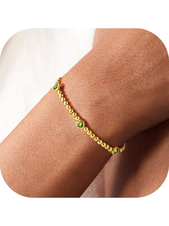 August Birthstone Bracelet for Women Olive Green CZ Heart Birthstone Bracelets Dainty 14K Gold Plated Elastic Beaded Trendy Jewelry Bracelet Birthday Gifts for Women