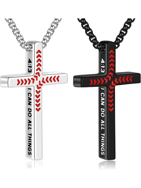 Baseball Cross Necklace for Men Boys 2 Pcs Stainless Steel Bible Verse Cross Pendant Necklaces Black Silver Chain 22 inch Christian Baptism Religious Gifts for 8-12 Teen Boy