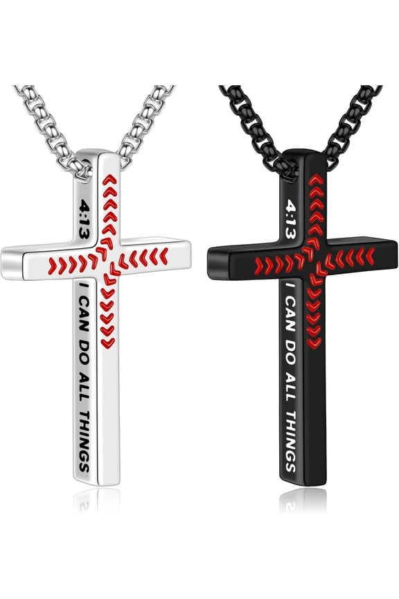 Baseball Cross Necklace for Men Boys 2 Pcs Stainless Steel Bible Verse Cross Pendant Necklaces Black Silver Chain 24 inch Christian Baptism Religious Jewelry Gifts for Men Hueband Teen Boy
