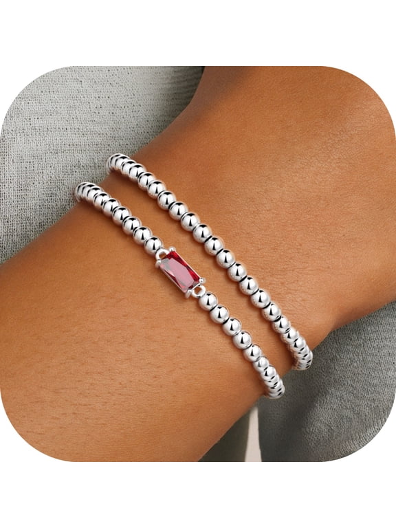 Beaded Birthstone Bracelet for Women Dainty Silver Plated Garnet Red Color Birthstone Bracelet for Women Stretch Beaded Bracelets for Womens January Jewelry Birthday Gifts for Womens