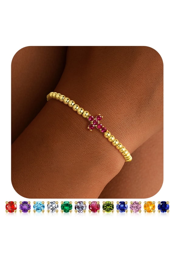Beaded Bracelets for Women 14K Gold Plated Created Ruby July Birthstone Charm Bracelet Jewelry with Beads Birthday Gifts for Cute Stuff for Teen Girls