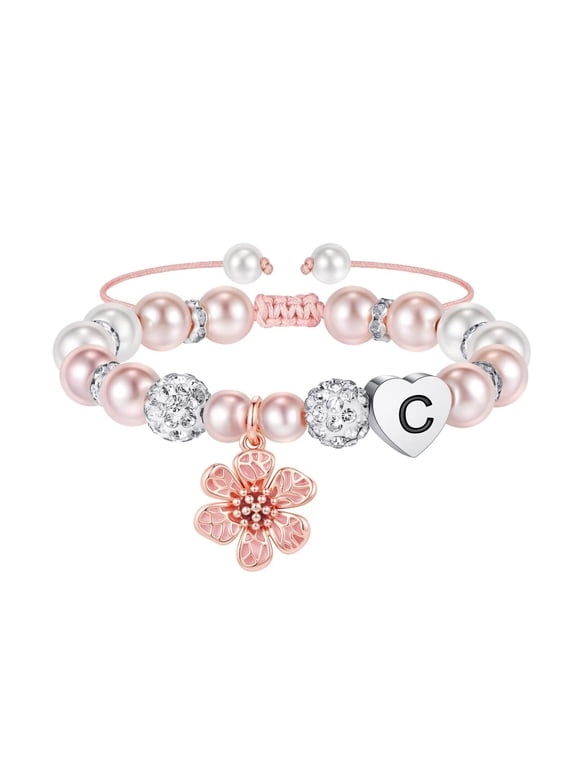 Beaded Initial A-Z Flower Charm Bracelets Adjustable Pink Pearl Rhinestone Heart kids Jewelry 4 5 6 7 8 9 10 11 12 13 14 15 16 Year Old Birthday Gifts for Tween Teen Teenage Girl Gift Idea