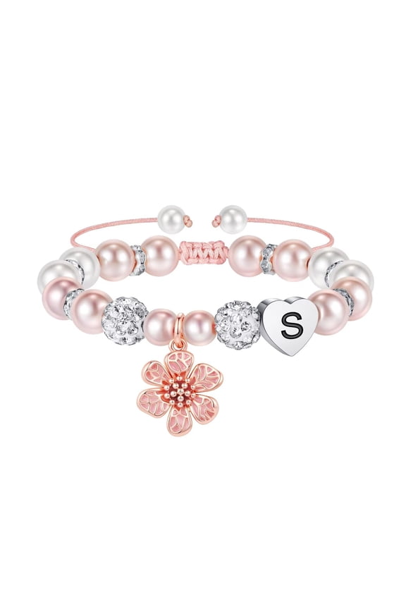 Beaded Initial A-Z Flower Charm Bracelets Gifts for Girls, Adjustable Pink Pearl Rhinestone Heart Bracelets kids Jewelry for Flower Girl Personalized Birthday Gifts for women girls ages 6-8