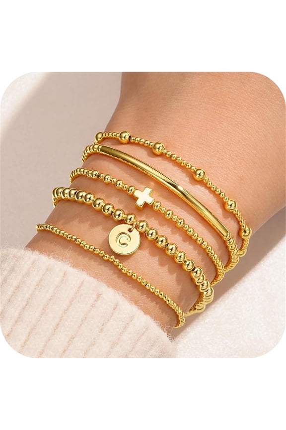Beaded Initial Bracelet for Women Gifts Dainty Cross Bracelets for Women 18K-Gold-Plated Initial Stack Cross Stretch Bead Jewelry Set Easter Birthday Gifts