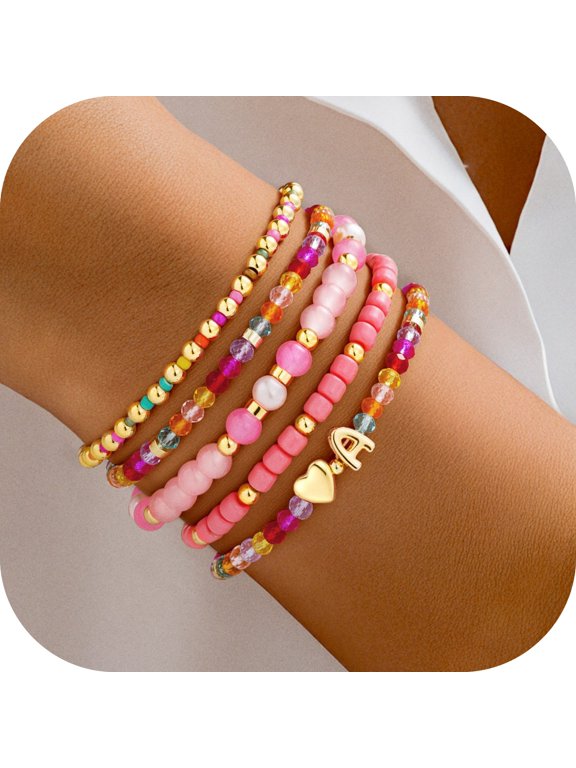 Birthday Gifts for Teen Girls Kids 6 7 8 9 10 11 12 13 14 15 16 Year Old Girl Dainty 5PCS Initial Heart 14K Gold Plated Colorful Letter A Charm Bracelets Jewelry Gift