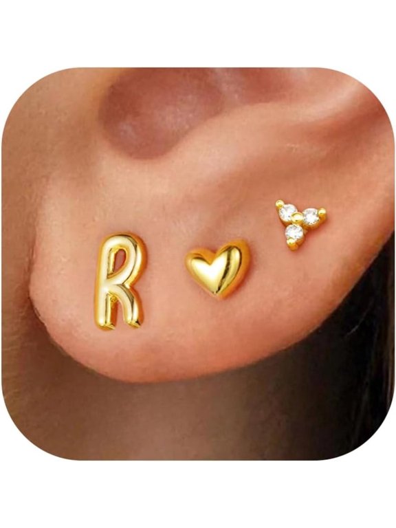 Birthday Gifts for Women Teen Dainty 14K Gold Plated Flat Back Stud Heart Initial K Earring Set Jewelry Birthday Gifts for Women Her Mom Wife Idea