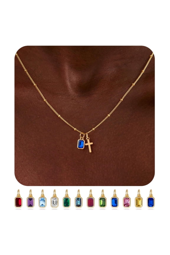 Birthstone Cross Necklaces for Women 14K Gold Plated Dainty Christian Faith Jewelry with 12 Month Blue Sapphire Pendant Birthstone Birthday Anniversary Gifts for Women Girls Mom Girlfriend