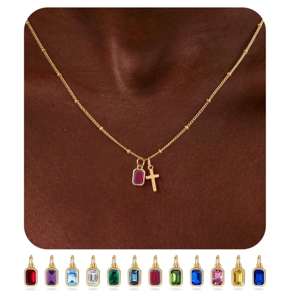 Turandoss Birthstone Cross Necklaces for Women 14K Gold Plated Dainty Christian Faith Jewelry with 12 Month Ruby Pendant Birthstone Birthday Valentines Day Gifts for Women Girls Wife Girlfriend