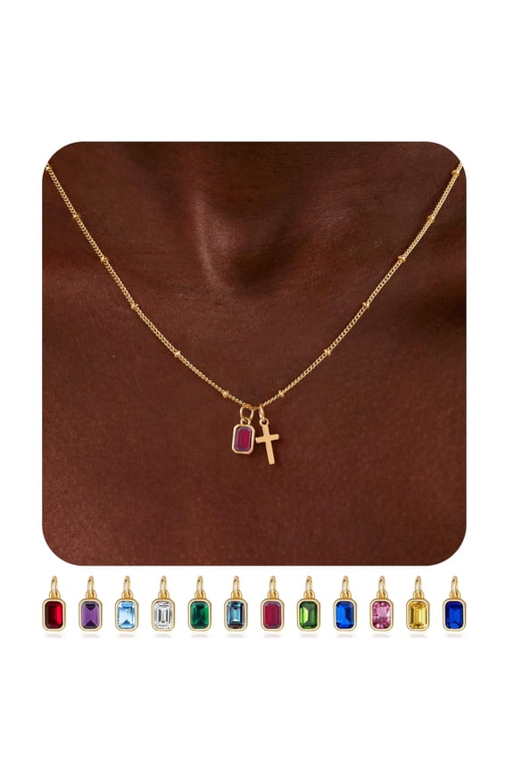 Birthstone Cross Necklaces for Women 14K Gold Plated Dainty Christian Faith Jewelry with 12 Month Ruby Pendant Birthstone Birthday Valentines Day Gifts for Women Girls Wife Girlfriend