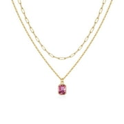 TURANDOSS Birthstone Necklace for Women, Pink Necklaces for Women October Birthstone Necklace Pink Sapphire Gold-Plated Layered Necklaces Personalized Birthday Gifts