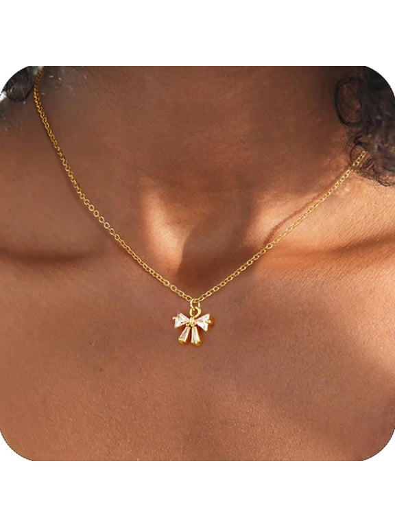 Bow Necklace for Women 14K Gold Plated CZ Tiny Pendant Choker Charm Chain Trendy Waterproof Jewelry Teacher Appreciation Mothers Day Graduation Gifts for Her Mom Kids Teen Girls Wife Ideas