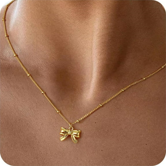 Turandoss Bow Necklace for Women Girls Dainty 14K-Gold-Plated Necklace Bow Pendant Choker Necklaces Chain Necklaces Trendy Jewelry Gift for Women Fashion Accessories