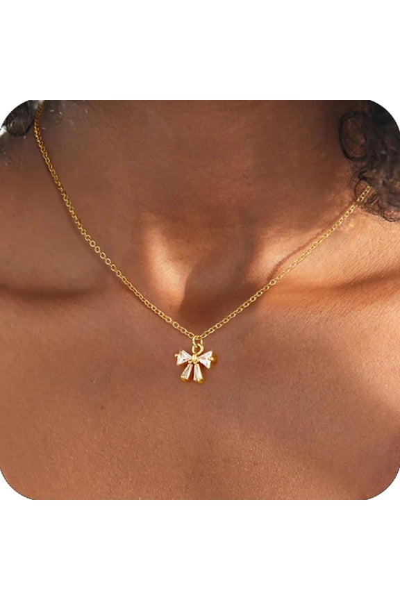 Bow Necklace for Women 14K Gold Plated CZ Tiny Pendant Choker Charm Chain Trendy Waterproof Jewelry Teacher Appreciation Mothers Day Graduation Gifts for Her Mom Kids Teen Girls Wife Ideas