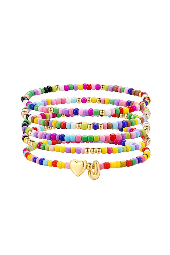 Bracelet for Teen Girls Women Trendy Cute Summer Colorful Beaded Initial J Bracelet for Kids Layered Stack Initial Heart Bracelet Jewelry Birthday Gifts for Girls Age 6 7 8 9 10 Years Old