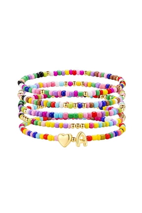 Colorful Boho Beaded Initial Bracelet for Women Dainty Heart Initial Jewelry Birthday Teacher Appreciation Mothers Day Graduation Gifts for Her Mom Kids Teen Girls Wife Ideas