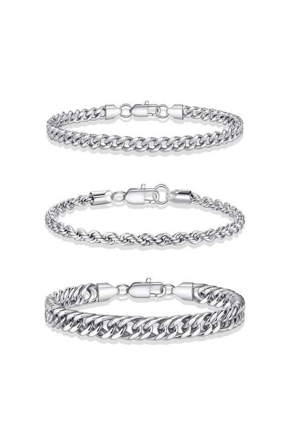 Bracelets for Men Silver Stackable Mens Bracelet Chunky Stainless Steel Bracelet Stack Curb Cuban Rope Link Chain Bracelets Set for Men Jewelry Dad Gifts 3Pcs/8.3"