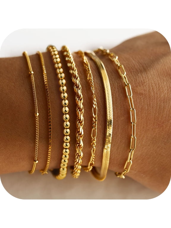 Bracelets for Women Easter Gifts Dainty 14K Gold Plated Layered Beaded Bracelet Stack Paperclip Snake Rope Figaro Box Satellite Chain Bracelets for Women Non Tarnish Jewelry Gifts