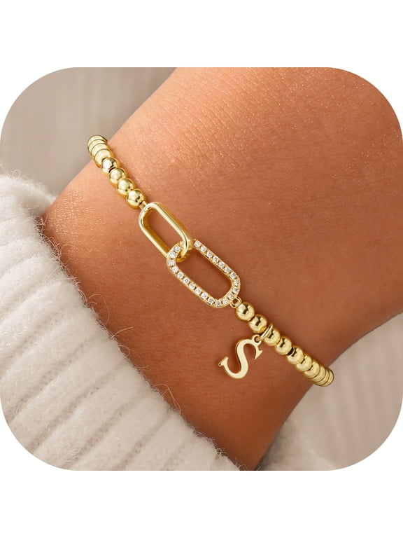 Bracelets for Women Initial Bracelets for Women 14K Gold Plated Cubic Zirconia Interlock Circles Letter S Bracelet Stretch Beaded Bracelet Jewelry Birthday Gifts