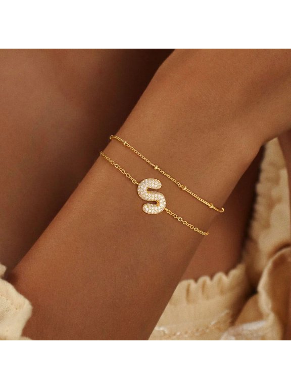 Bubble Initial Bracelet for Women - 18K Gold Plated Layered Initial Bracelet for Women Gifts Personalized Bubble Letter Pendant with Cubic Zirconia Gold Bracelets