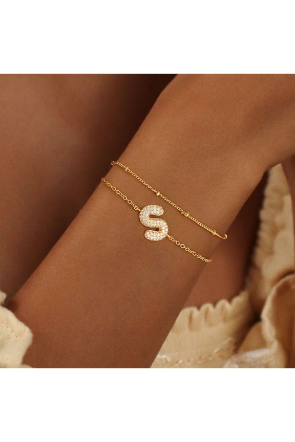 Bubble Initial Bracelet for Women - 18K Gold Plated Layered Initial Bracelet for Women Gifts Personalized Bubble Letter Pendant with Cubic Zirconia Gold Bracelets