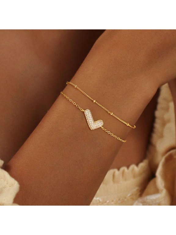 Bubble Initial Bracelet for Women - 18K Gold Plated Layered Initial Bracelet for Women Gifts Personalized Bubble Letter Pendant with Cubic Zirconia Gold Bracelets