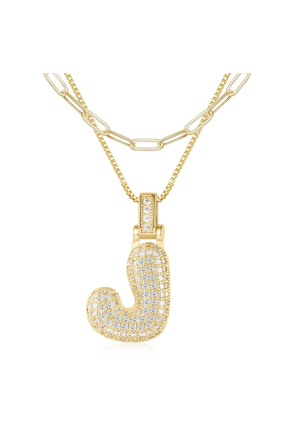 Bubble Letter Necklace Gold for Women, 18K Gold Plated Balloon Pendant Cubic Zirconia Bubble Initial Necklace for Women