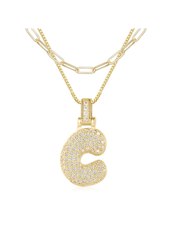 Bubble Letter Necklace Gold for Women, 18K Gold Plated Balloon Pendant Cubic Zirconia Bubble Initial Necklace for Women